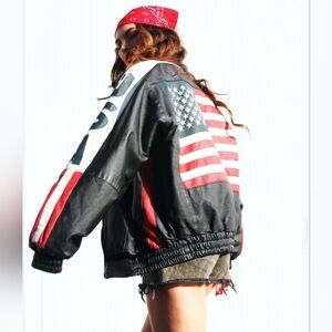 Vintage 90s y2k USA American Flag Red White Blue Black Leather Bomber Jacket Sm
